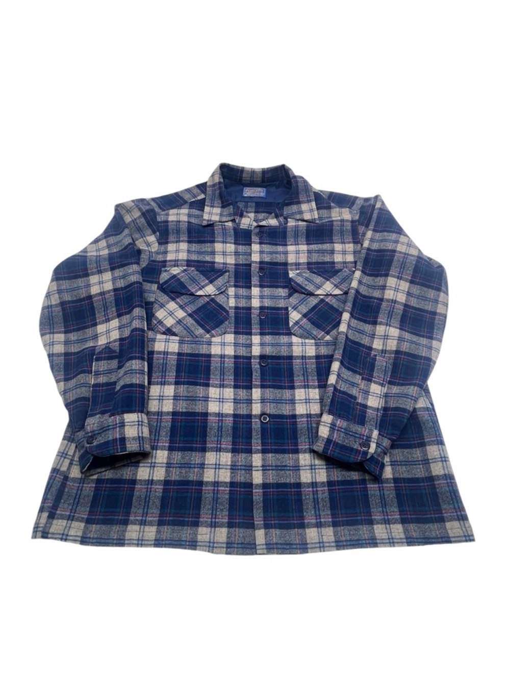 Pendleton Navy, Cream & Red Plaid Wool Shirt Mens Large Loop Collar - Picture 2 of 13